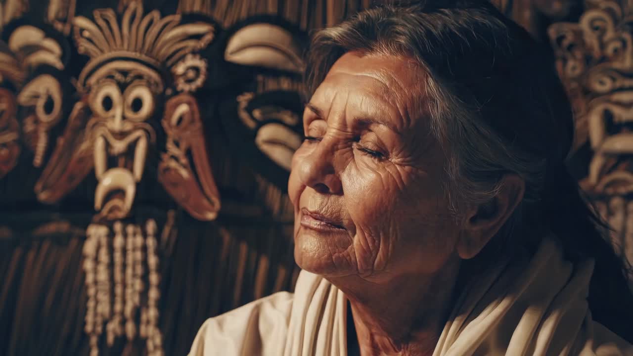 Close up portrait of a serene indigenous elder meditating with closed eyes, her face showing wisdom and peace, near a traditional tribal mask, creating a spiritual atmosphere