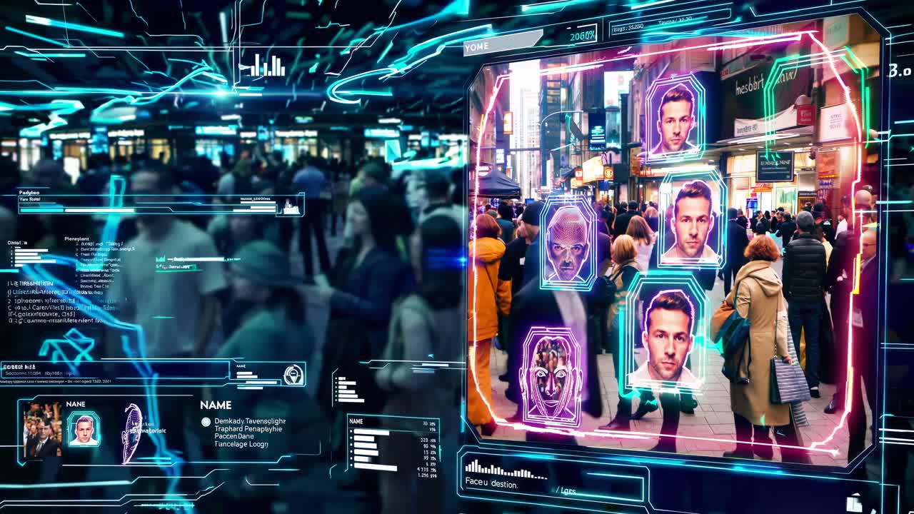 Futuristic video concept with a high-angle view of a crowded street, overlaid with digital facial