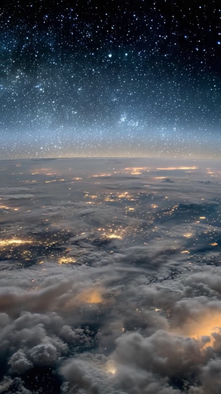 Pemandangan Menakjubkan Langit Malam di Atas Awan Megah dan Cahaya Kota yang Bersinar, Menangkap Ketenangan dan Keindahan Bumi dari Perspektif Tinggi.