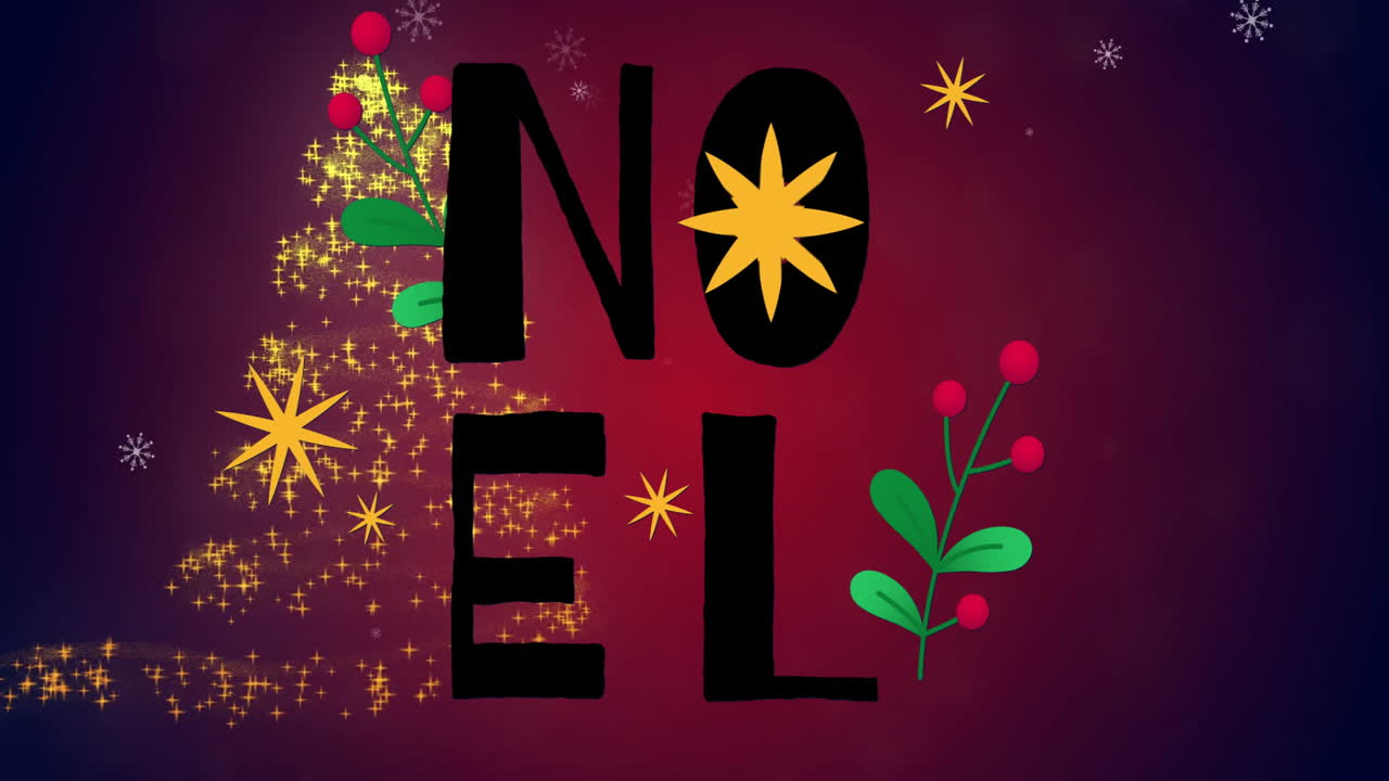 Animaatio tekstistä "Noel" joulukuusen ja lumisateen päällä