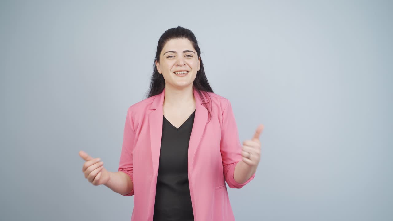 Business woman saying wow to camera.