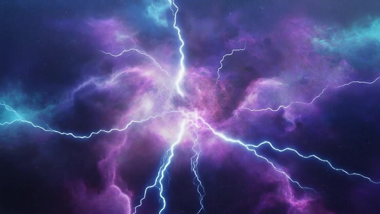 Fulmini elettrici che attraversano una nebulosa vibrante viola e blu