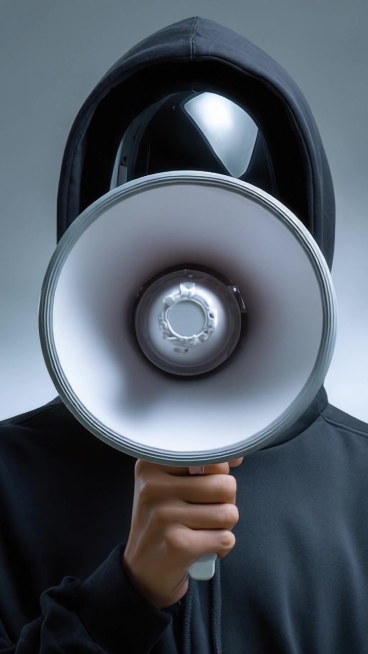 Uma figura misteriosa com um moletom escuro segura um megafone, simbolizando a voz do invisível, capturando a atenção e evocando curiosidade através do anonimato