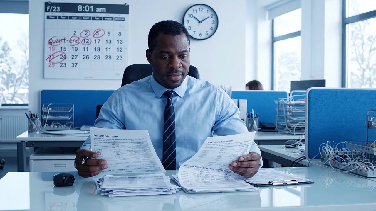 Focused Professional Analyzing Important Documents at a Desk in a Modern Office Environment with a Calendar and Clock in the Background During Work Hours