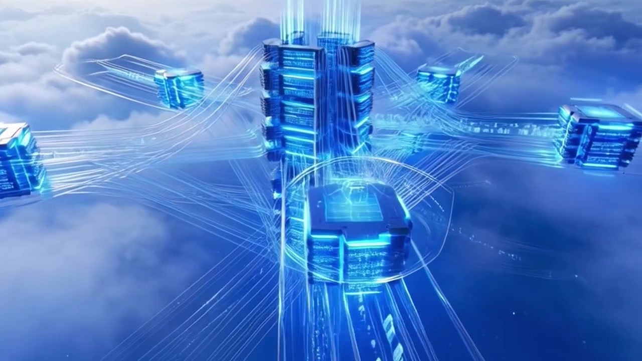 Abstract Digital Data Network Connecting Glowing Cubes Above Clouds
