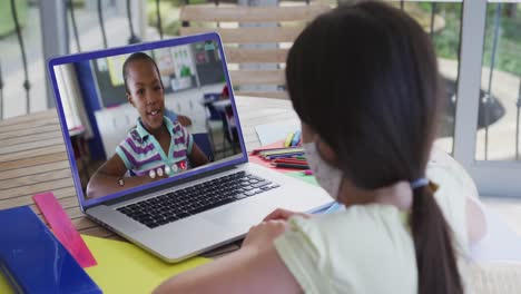 Rückansicht-Eines-Mädchens-Mit-Gesichtsmaske,-Das-Zu-Hause-Einen-Videoanruf-Mit-Einem-Afroamerikanischen-Mädchen-Auf-Einem-Laptop-Führt