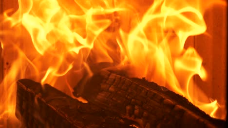 warm cozy fire burning in a fireplace, slow motion close up