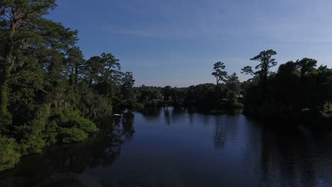 An-aerial-view-flying-over-a-lake-on-a-sunny-day