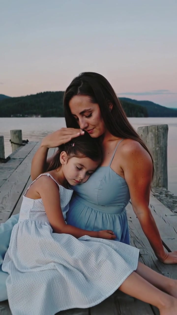 Video verticale: Bambino che si appoggia, madre in vestito che culla e accarezza la testa sul molo al tramonto, calmandolo.