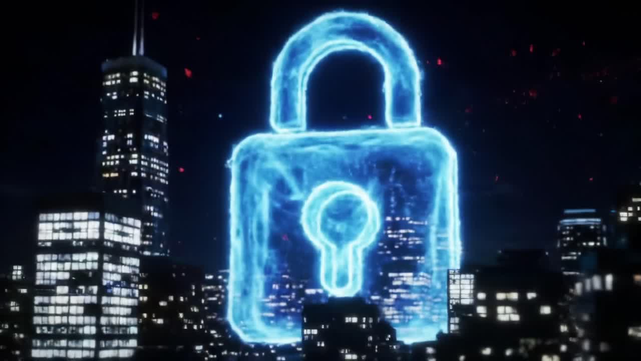 A Stunning Visual Display of a Digital Lock Illuminating the Night Sky Over a Cityscape, Symbolizing Security and Technology Advancements in the Modern World