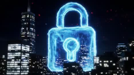 a stunning visual display of a digital lock illuminating the night sky over a cityscape, symbolizing security and technology advancements in the modern world