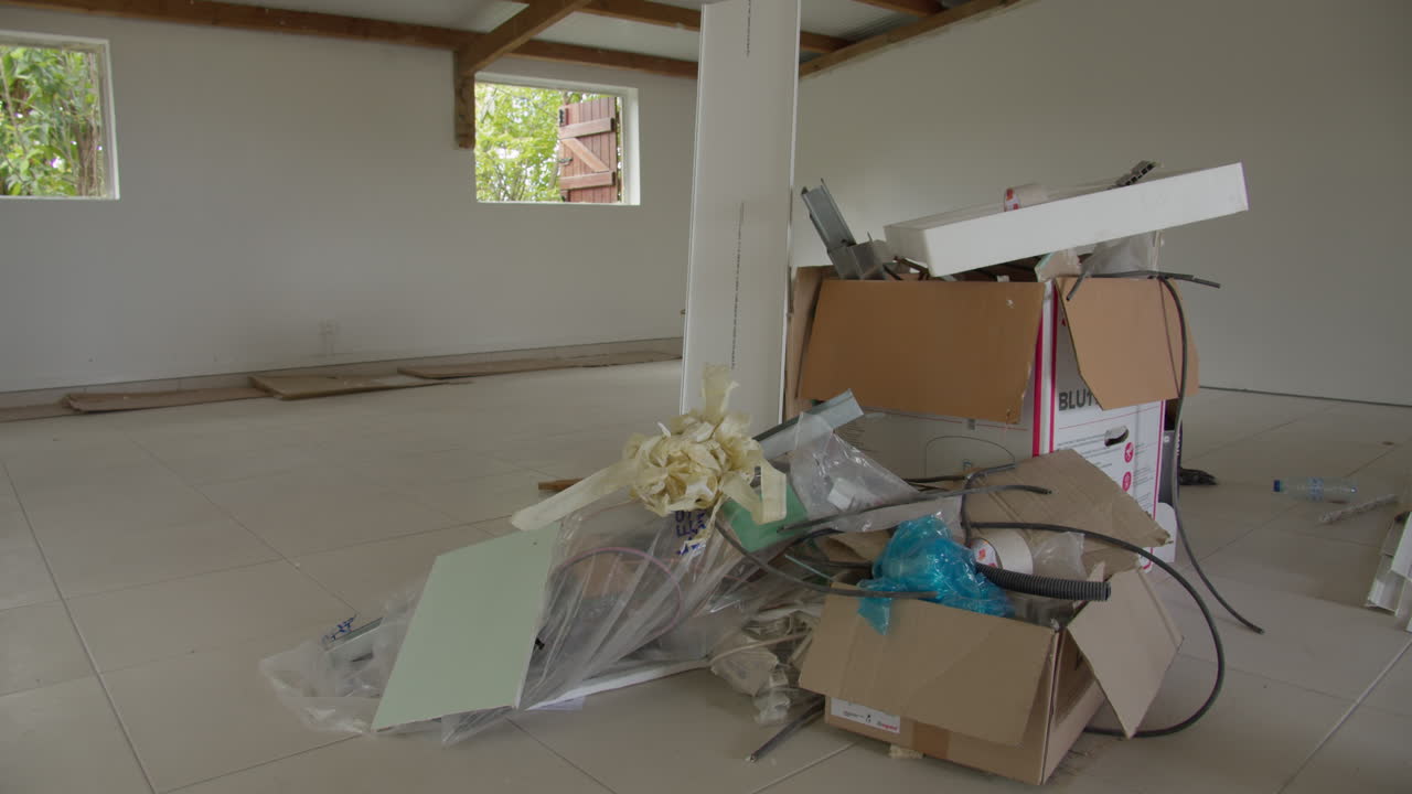 Construction waste piled up inside a house undergoing renovation