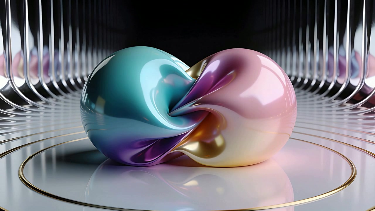 Shifting glossy torus rotating and relaxing twist in metal tunnel, lights shifting over rings