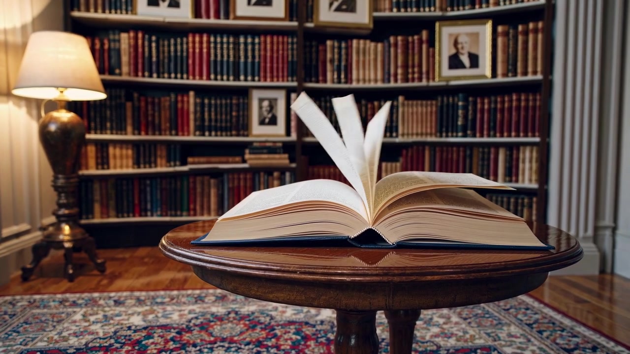 Offenes Buch mit umblätternden Seiten auf einem Holztisch in einer klassischen Bibliothek