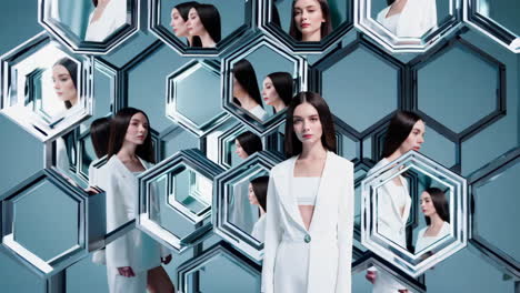 woman reflected in hexagonal mirrors