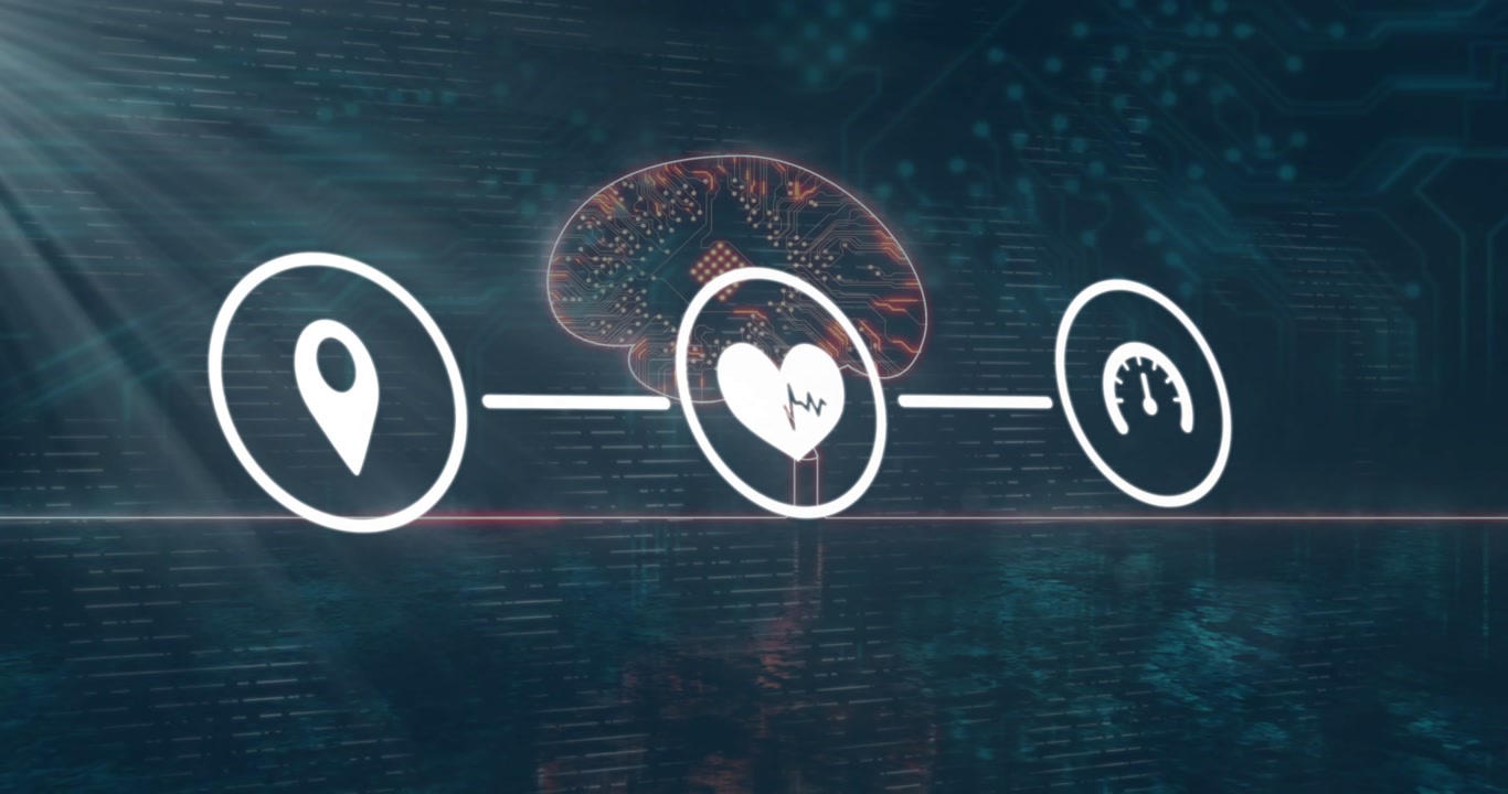 Brain appearing triggers timeline growing, pin sliding, heart spinning, gauge rotating showing data