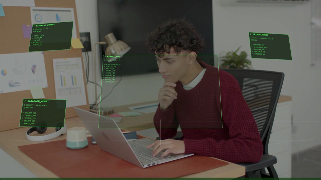 Adult man typing on laptop and generating tech code panels while studying charts, analyzing data