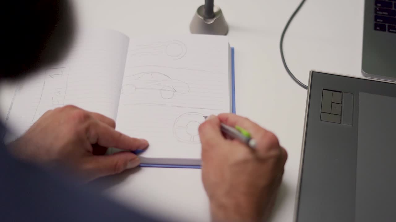 dibujo de diseñador gráfico en cuaderno de bocetos sobre la vista del hombro