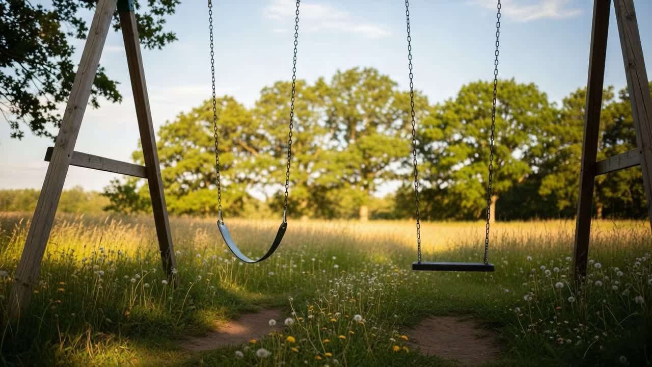A tranquil scene of empty swings swaying gently in a sunlit meadow, surrounded by lush greenery and blooming flowers, evoking nostalgia and peaceful moments in nature