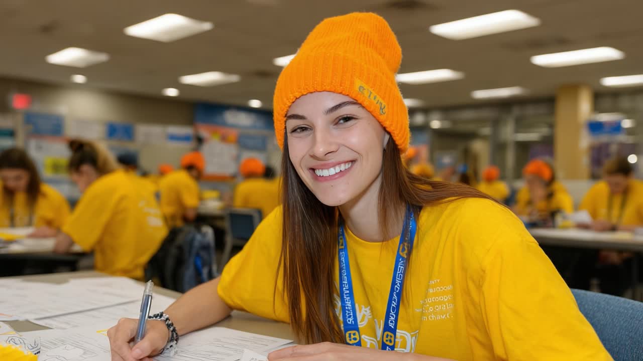 A Young Woman in a Bright Orange Beanie Smiles While Engaging in Group Activities with Peers in a Cheerful Yellow Theme, Showcasing Team Spirit and Enthusiasm in a Productive Environment