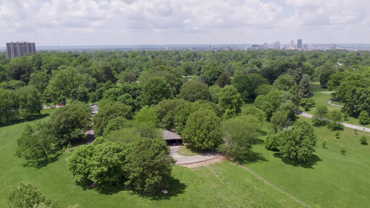 Drone shot of Cherokee Park in Louisville, Kentucky, with the downtown skyline visible in the distance. Great for nature, urban lifestyle, and regional content.