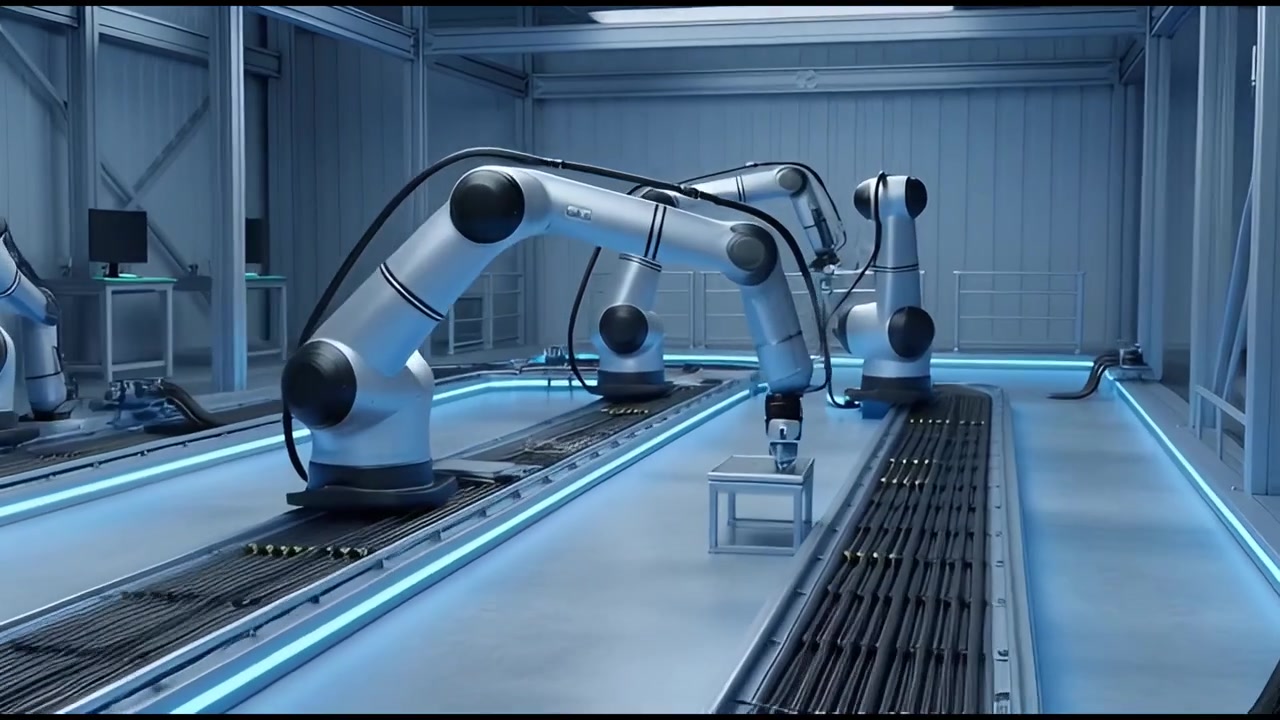 Robotic Arms Working on an Automated Assembly Line in a Modern Factory