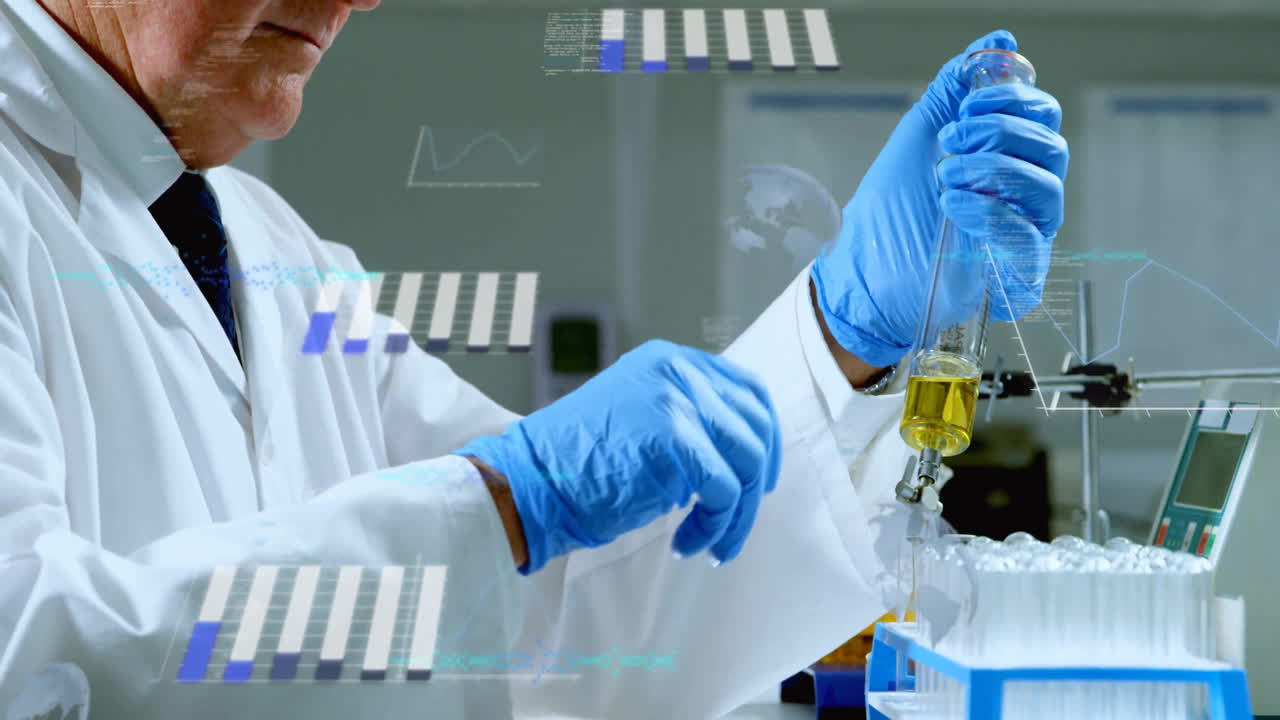 animación del procesamiento de datos científicos sobre un científico caucásico en el laboratorio.