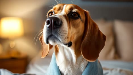 a dog wearing a blue pajamas sitting on a bed