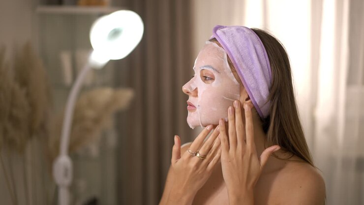 Woman applying a sheet mask for a home skincare routine