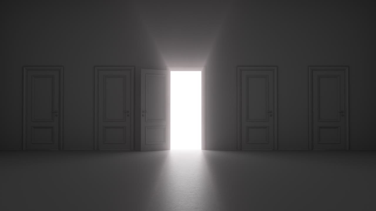 어두운 방에 있는 여러 문들 사이에서 반이는 열린 문