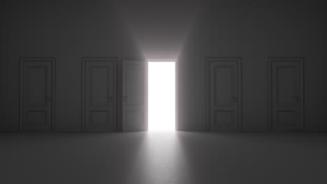 shining open door among several doors in a dark room