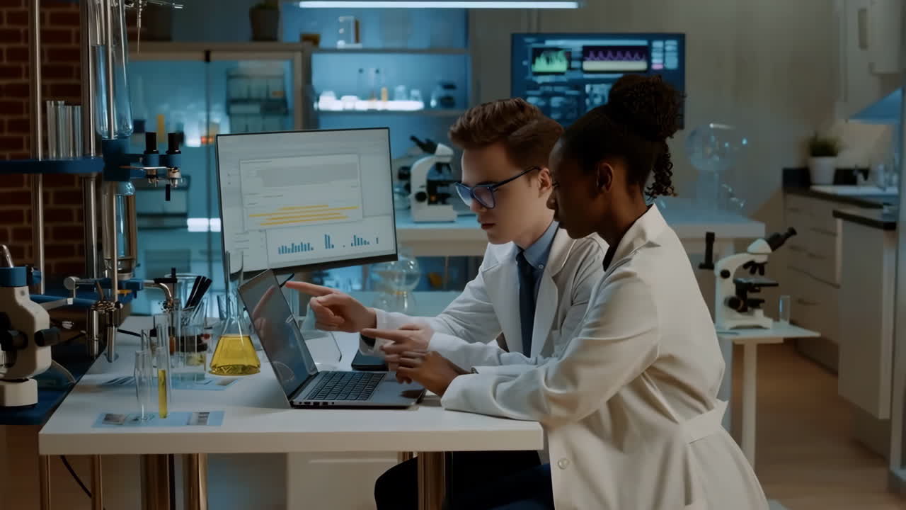 Scientists Collaborating and Analyzing Data in a Modern Laboratory