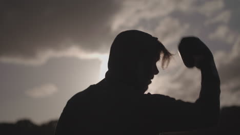 man boxing in park silhouetted by sun in slow motion - ungraded