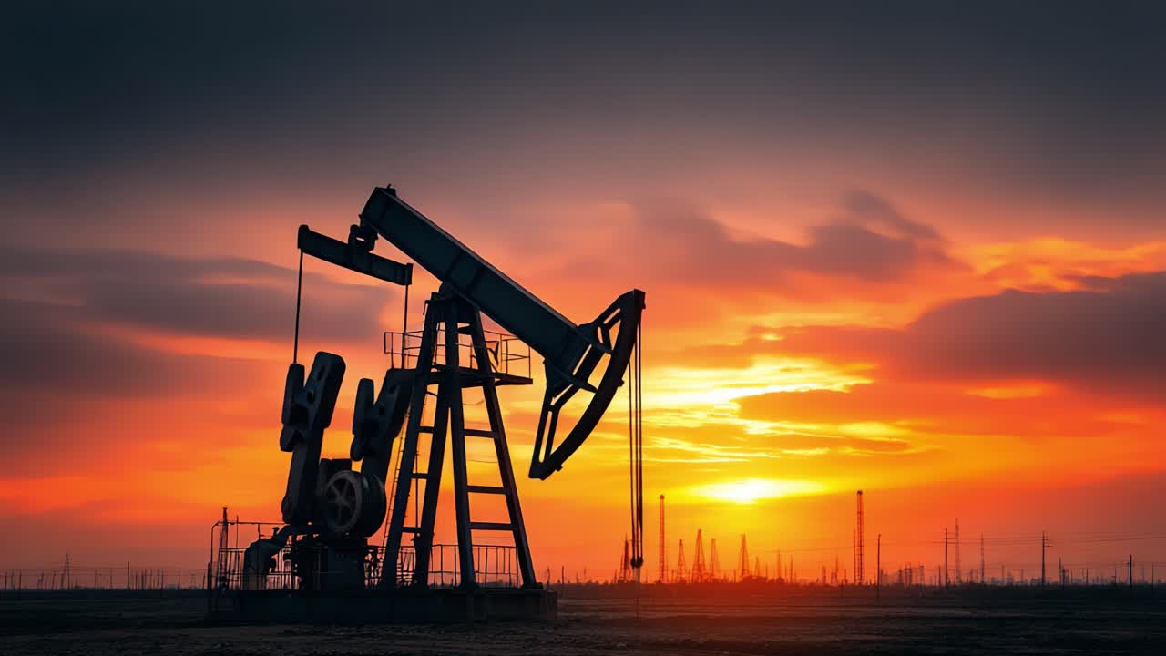 A Stunning Sunset Over Oil Pumping Rigs, Showcasing the Intersection of Industry and Nature as Day Transitions to Night Amidst Vibrant Colors in the Sky