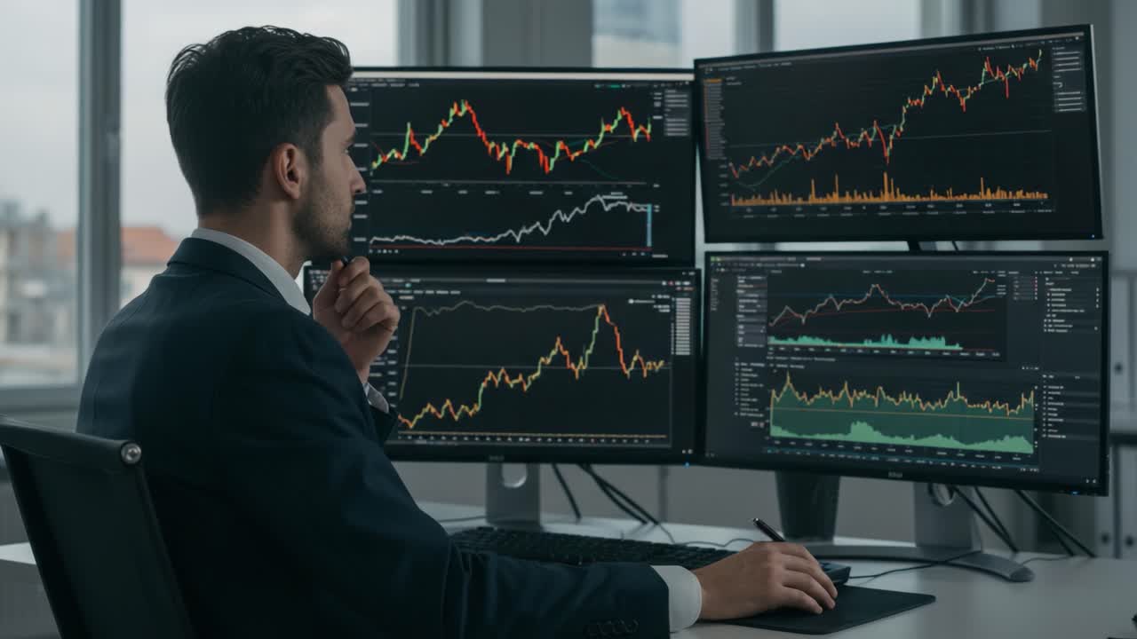 Analyzing Financial Data: A Professional Reviewing Multiple Stock Market Graphs and Charts on Multi-Screen Setup for Investment Insights and Strategies