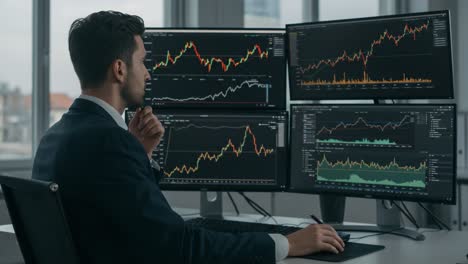 analyzing financial data: a professional reviewing multiple stock market graphs and charts on multi-screen setup for investment insights and strategies