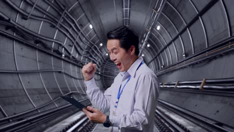 side view of an asian male professional worker standing with his tablet in underground subway tunnel, he raises his fist up with screaming goal after check on the tablet