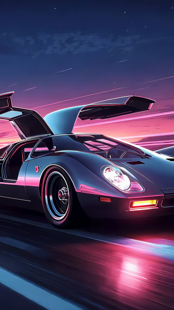 Vertical video: Panning camera revealing retro car showing gullwing and lit headlamp at twilight