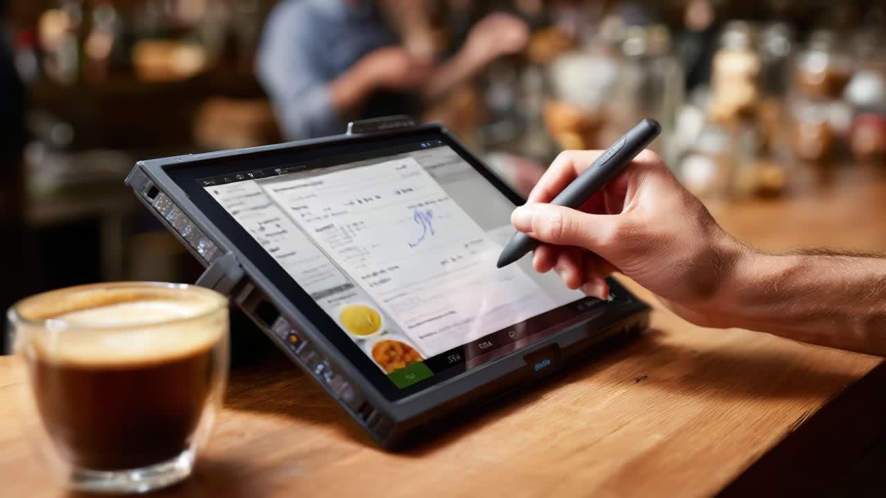 A person using a tablet to interact with a digital menu in a cozy dining establishment, showcasing a tech-savvy approach to ordering food while enjoying a warm cup of coffee