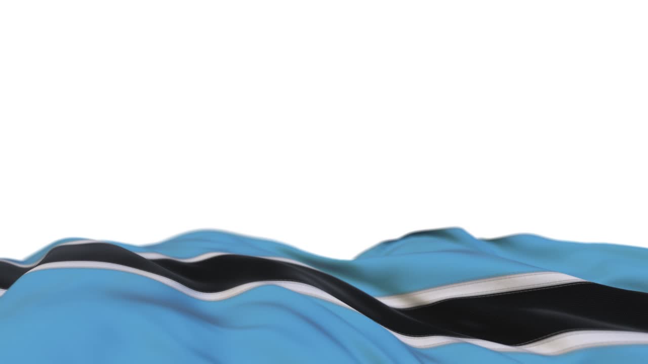 bandera de tela de botswana ondeando en el bucle del viento. botswana bordado costurado estandarte de tela balanceándose en la brisa. fondo blanco medio lleno. lugar para el texto. bucle de 20 segundos.