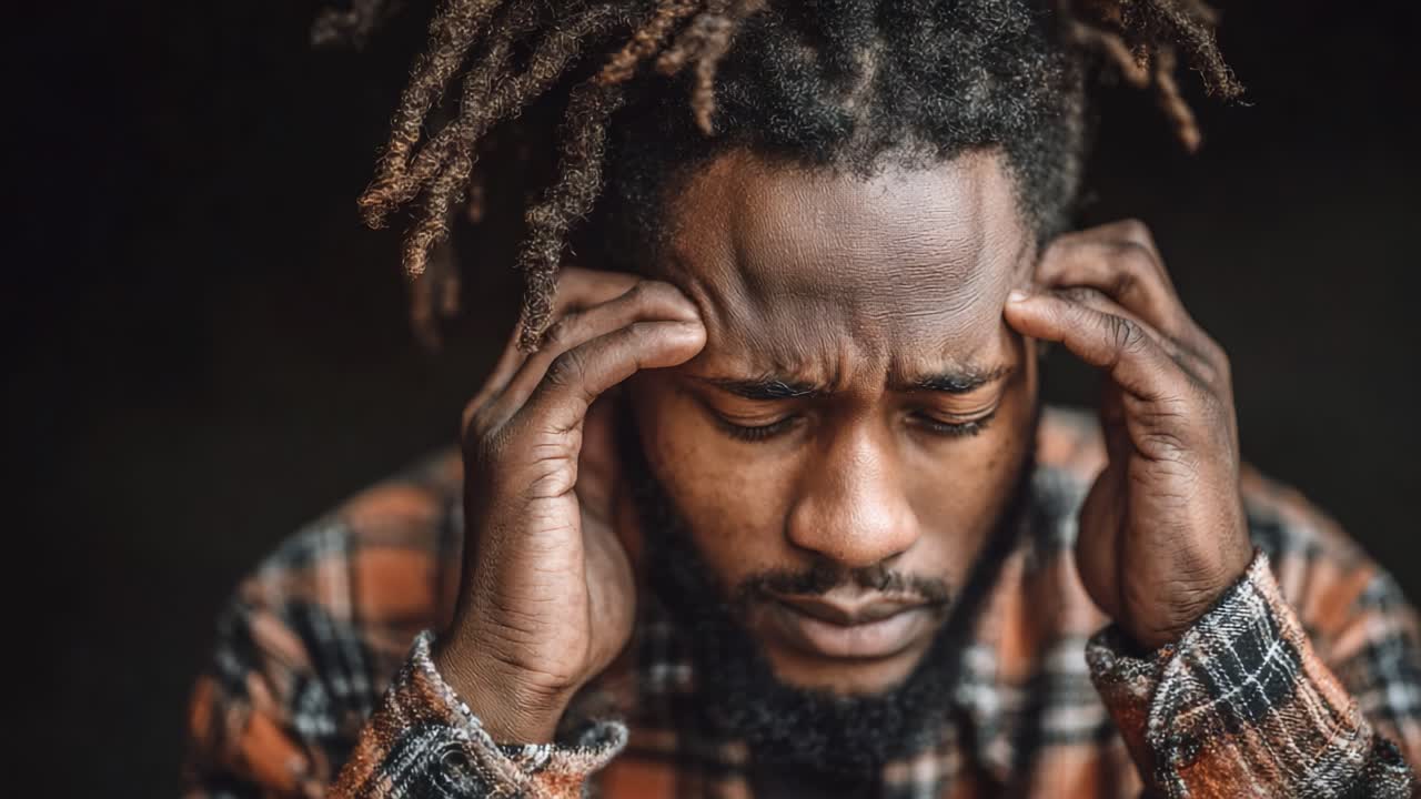 Emotional Struggles: A Man Experiencing Intense Headache and Stress in a Dark Setting, Capturing the Depth of Human Suffering and Mental Health Challenges