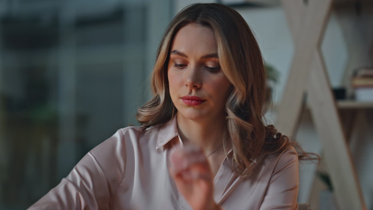 Exhausted manager working deadline in night office. Closeup it woman closing lid