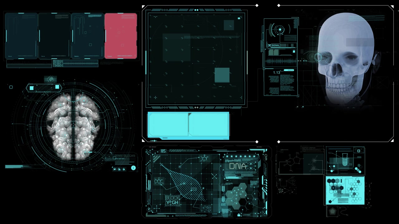 Futuristic Digital Interface with Human Brain, Skull, and DNA Data Analysis