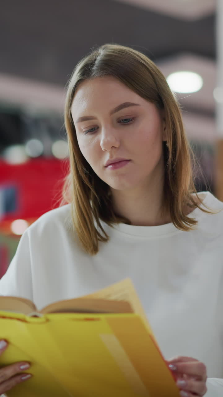 Young lady reading yellow book while seated indoors in mall environment with soft blurred background, thoughtful expression showing focus and engagement