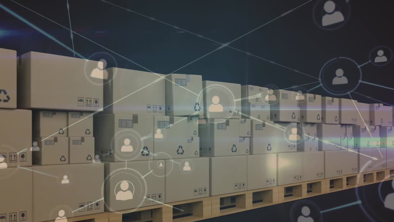 창고의 컨베이어 벨트에 있는 상자 위의 연결 네트워크의 애니메이션