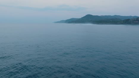 Aerial-Drone-view-of-Lone-Flying-Pelican-El-Tunco-El-Salvador-at-Sunrise