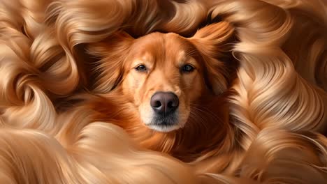 a golden retriever dog laying in a pile of long, wavy hair