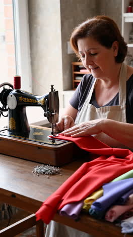woman sewing red fabric on a vintage sewing machine