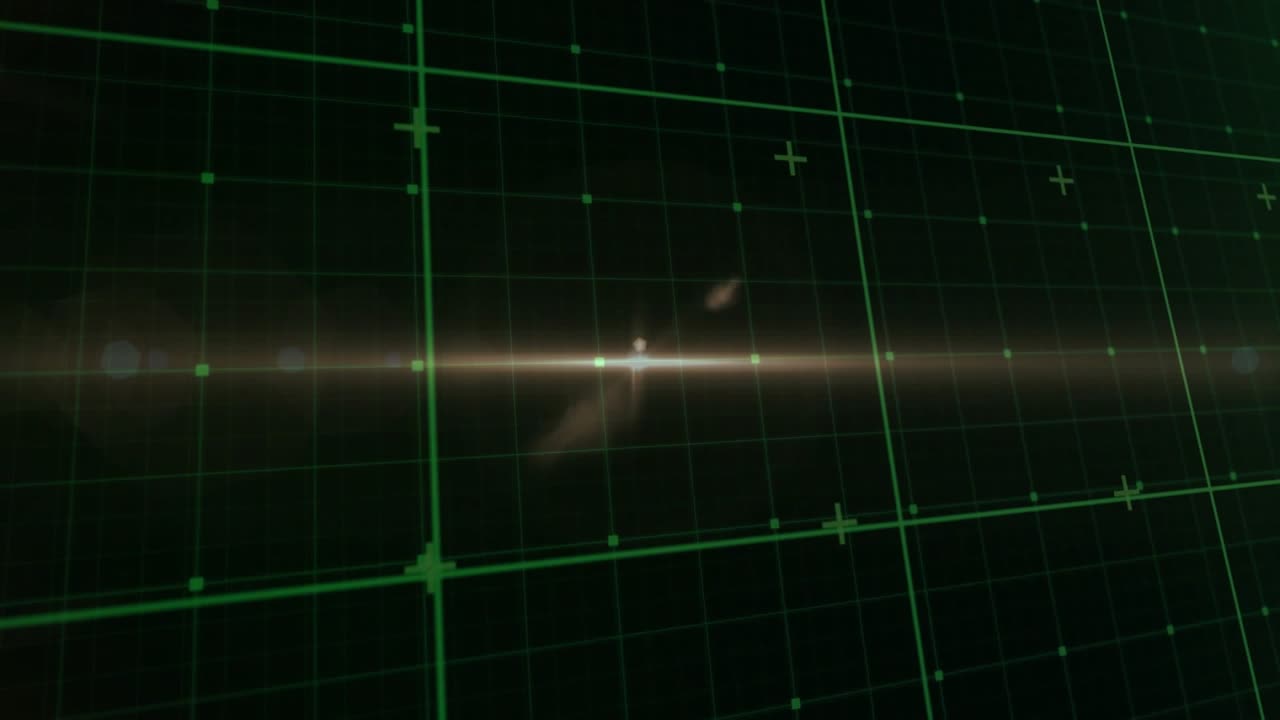 Lens flare emerging from left edge moving across grid, seeding trail showing beam effect fading