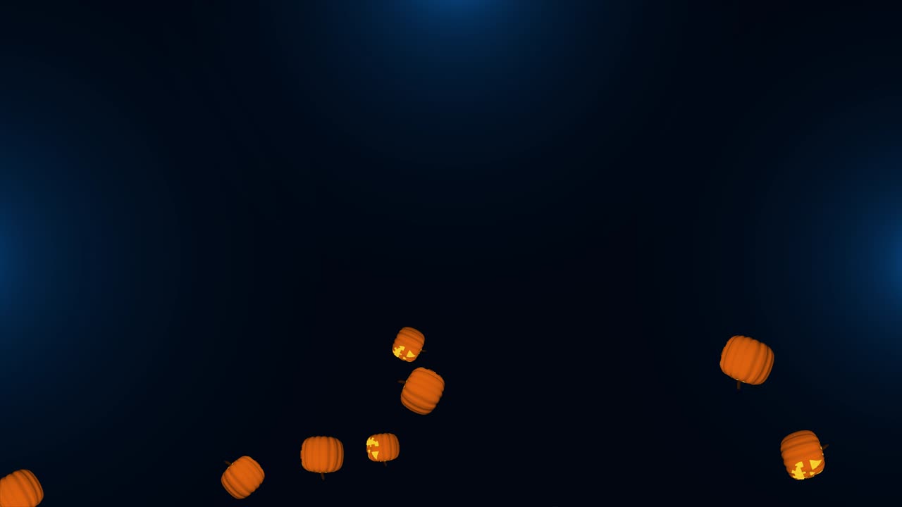 Stock video of halloween spooky pumpkins flying and falling down 3d rain of pumpkin icons on orange